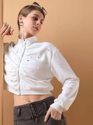 Oversized Design Sporty Style Women's White Solid Printed Sweatshirt