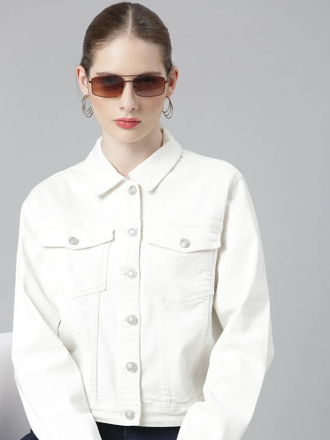 Noise Free Zippers Women's White Spread Collar Crop Denim Jacket