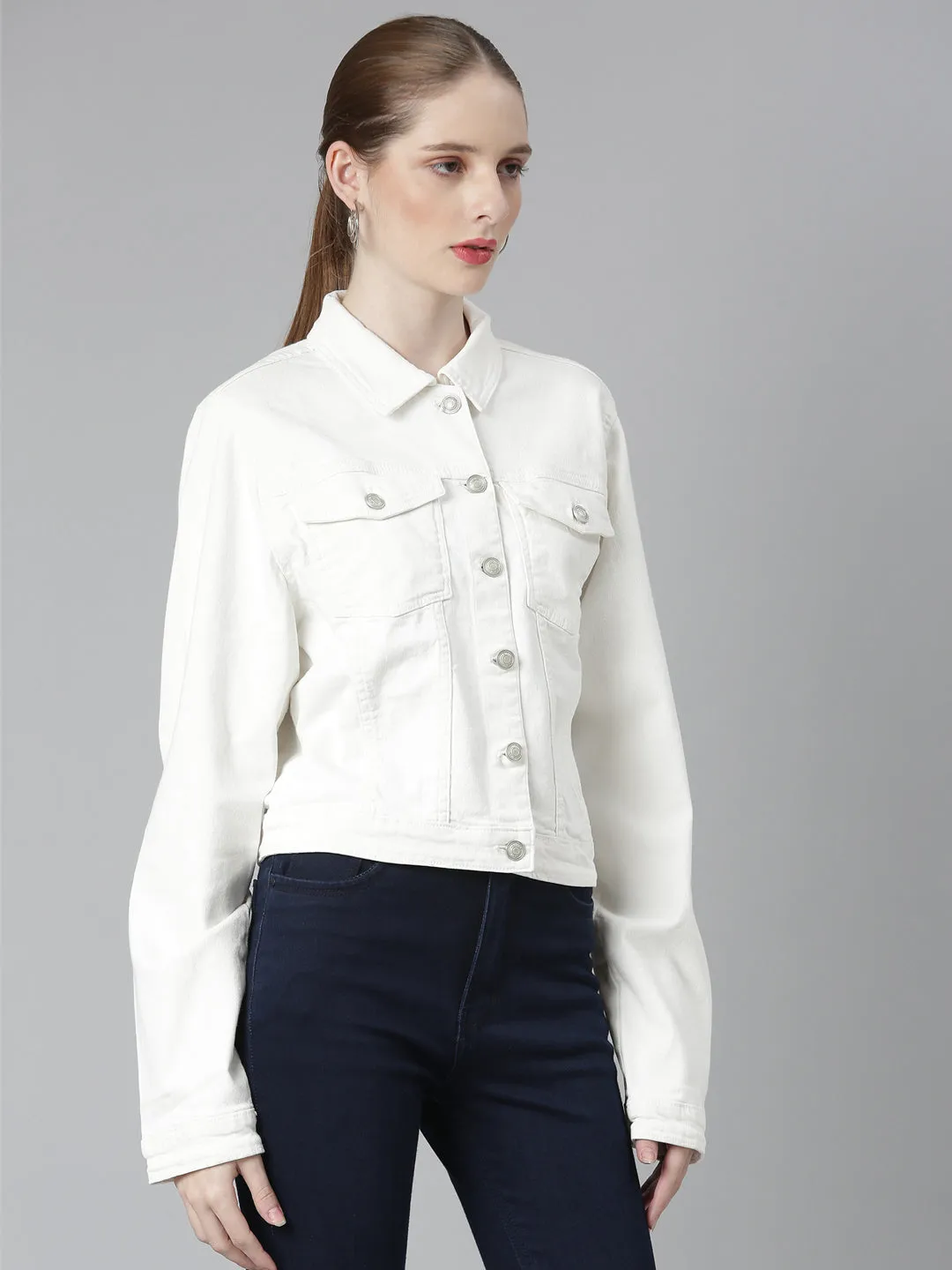 Women's White Spread Collar Crop Denim Jacket Double Stitch Reinforcement