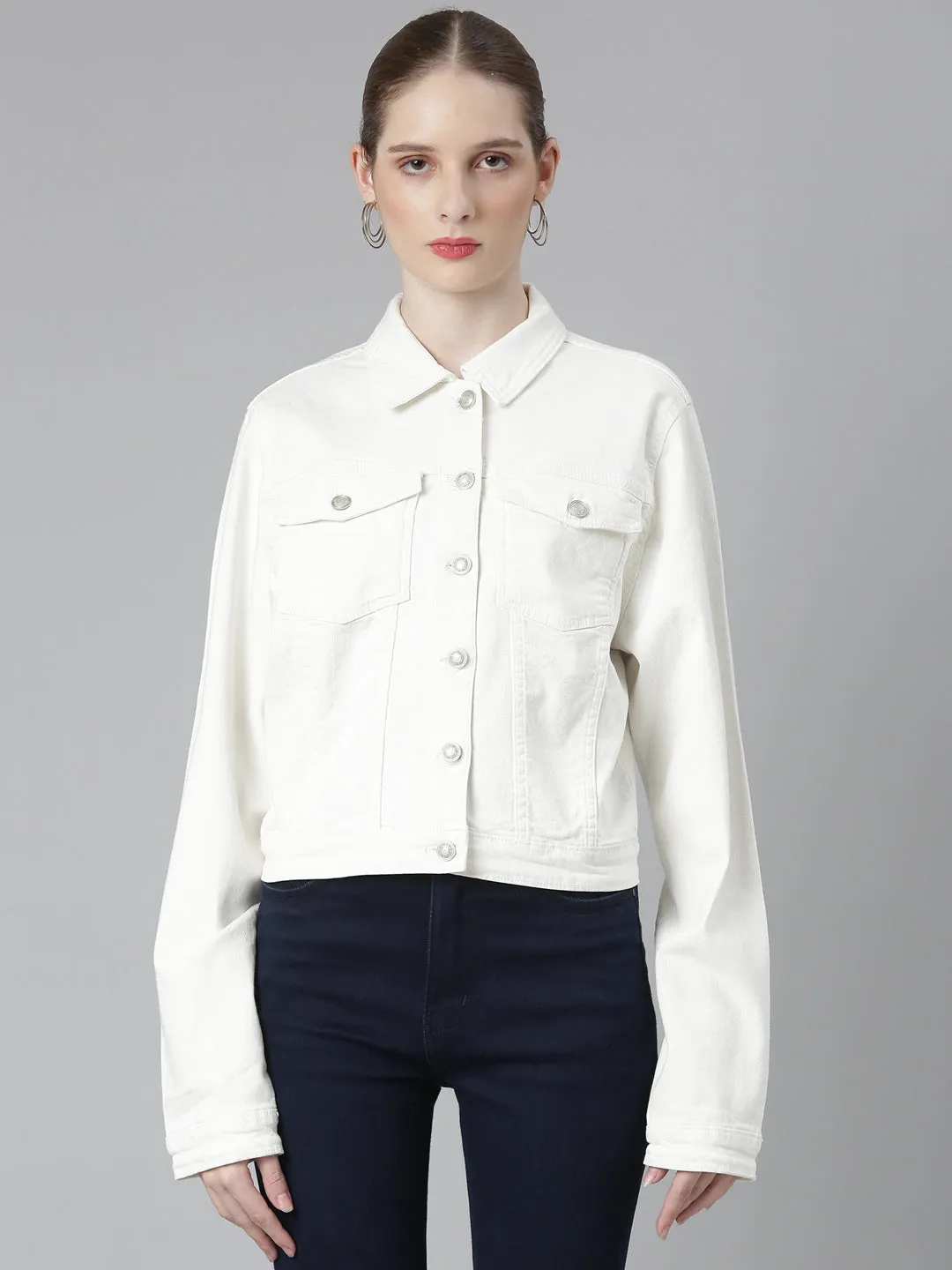 Women's White Spread Collar Crop Denim Jacket Stretchable Material