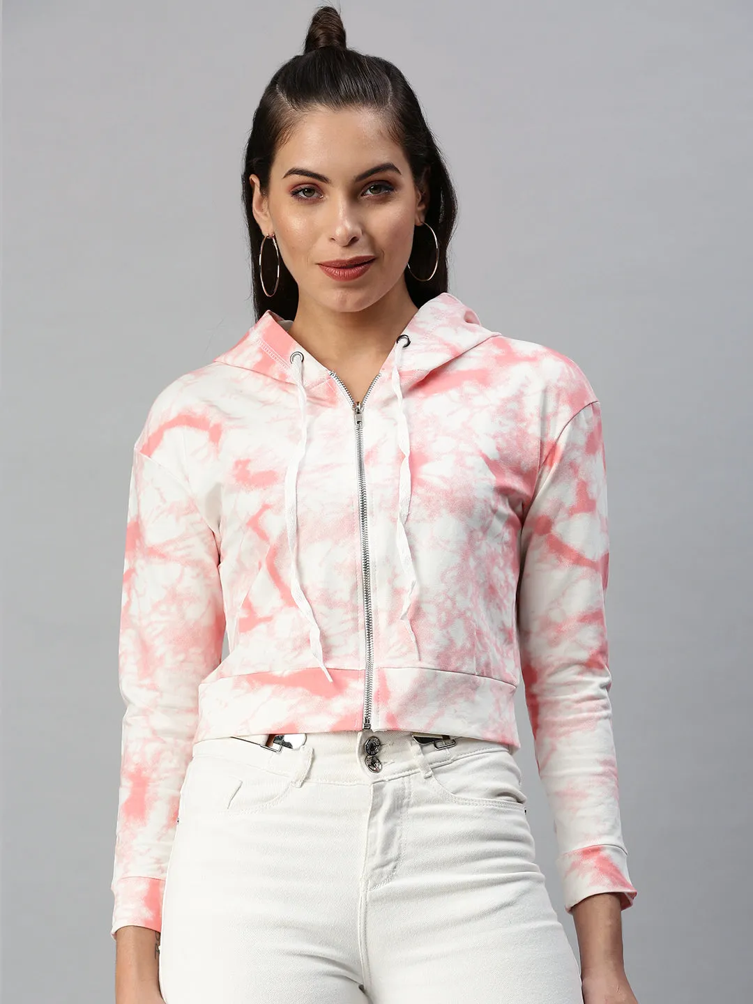 product designer prestige product pearl elegance Women's White Tie and Dye Printed Cotton Hooded Crop Sweatshirt