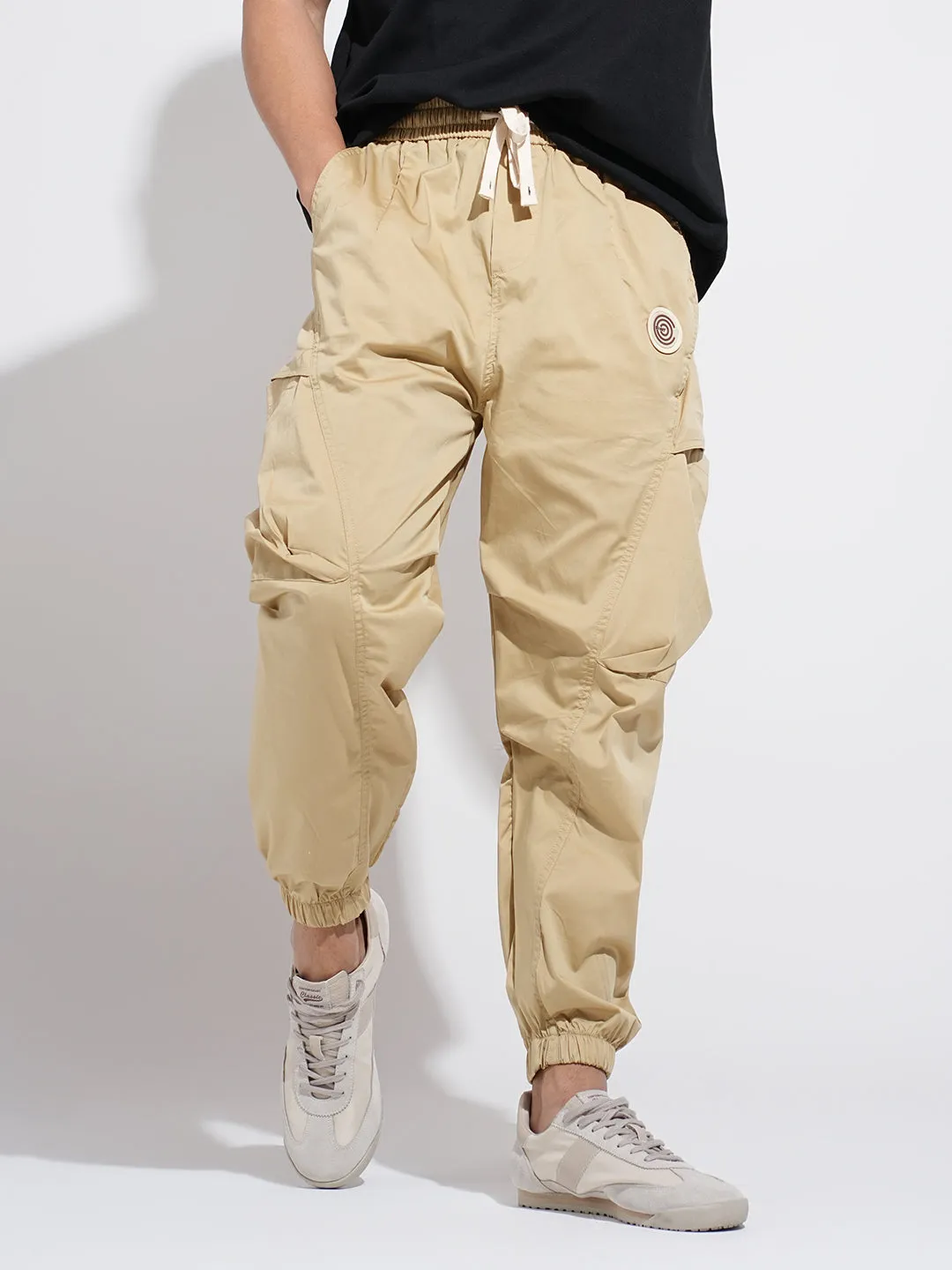Elasticized Cuffs Men's Beige Relaxed Fit Joggers