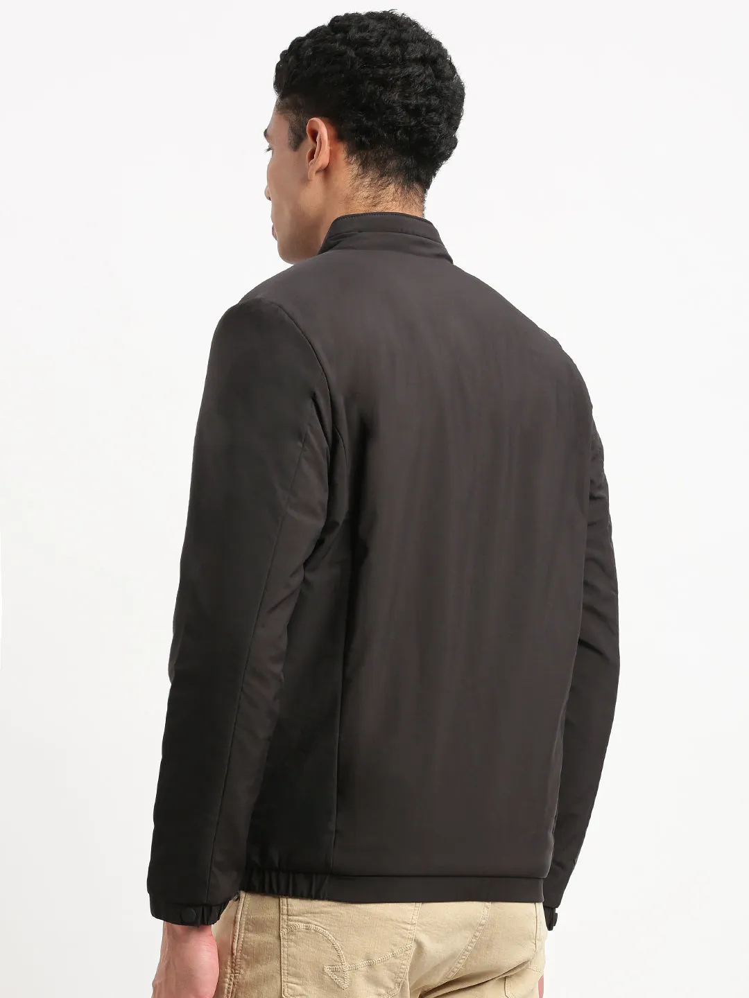 Flame retardant Men's Mock Collar Black Solid Casual Bomber Jacket