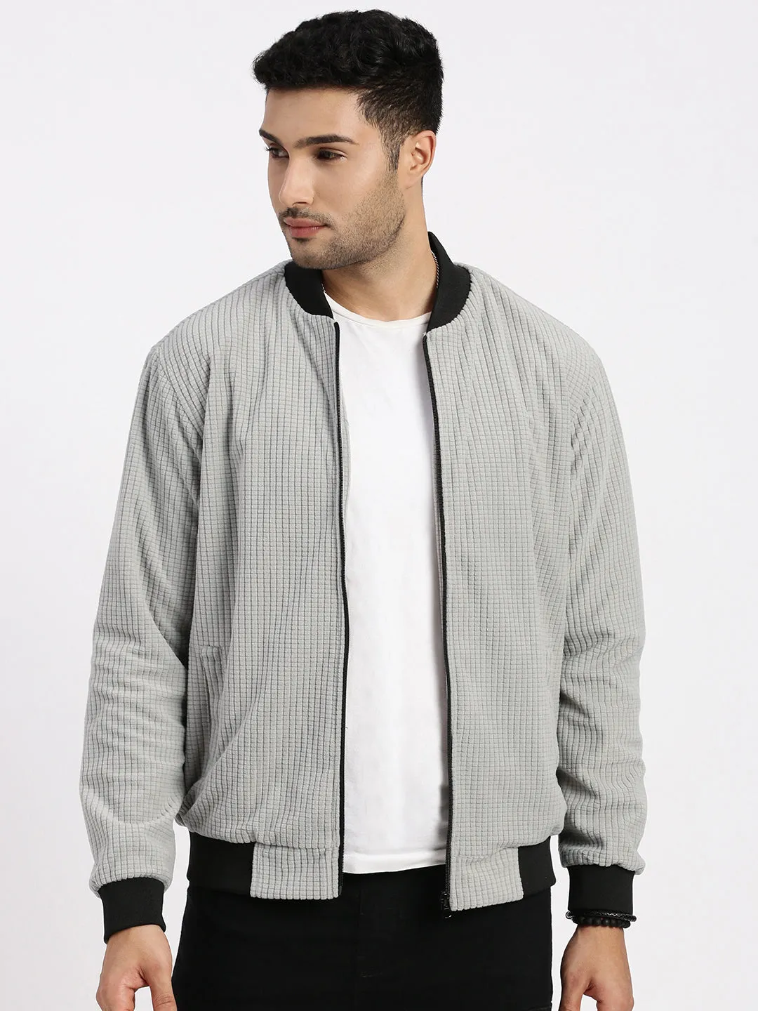 Micro Perforated Panels Men's Grey Solid Bomber Casual Jacket