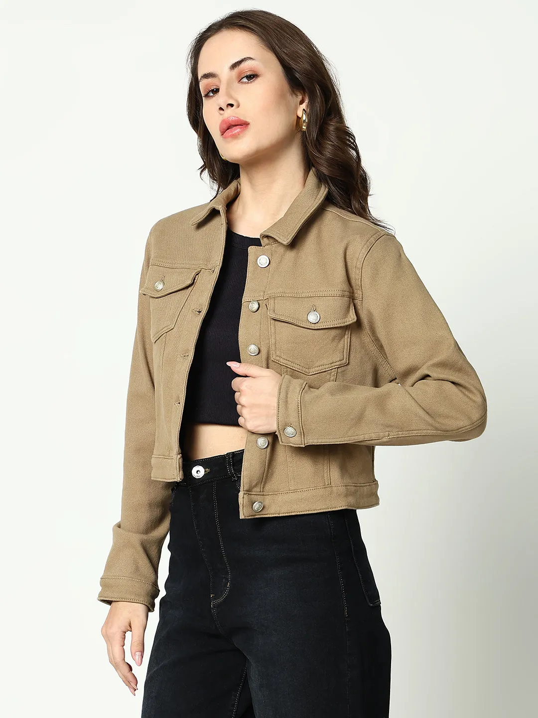 Tailored Silhouette Women's Khaki Spread Collar Crop Denim Jacket