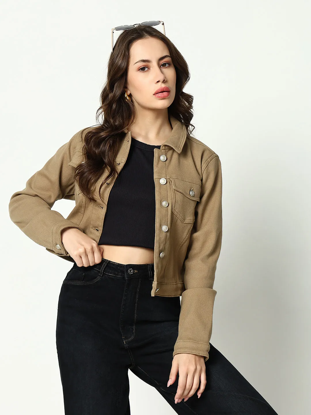 Light Protection DurableStitching Women's Khaki Spread Collar Crop Denim Jacket