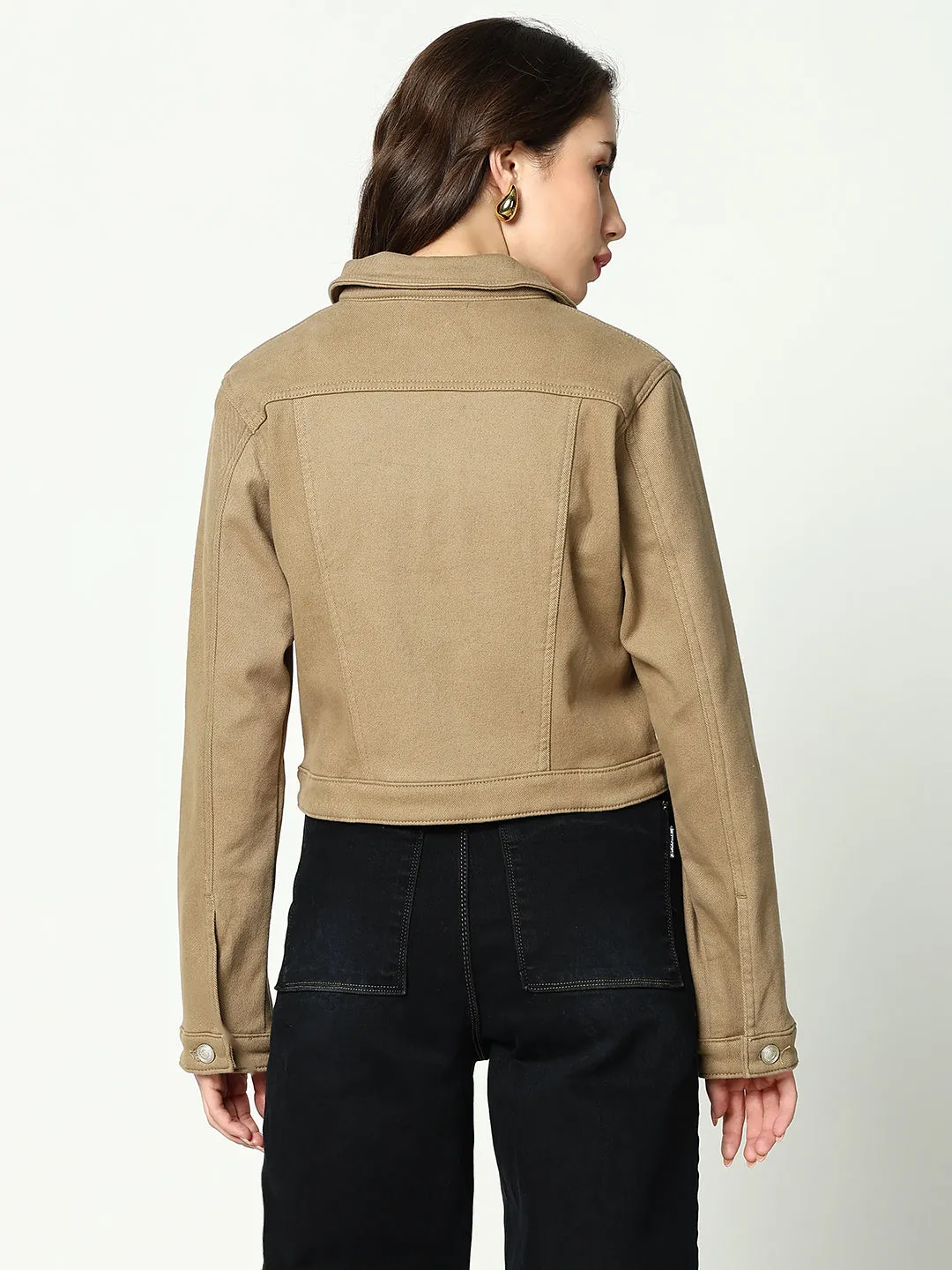 Women's Khaki Spread Collar Crop Denim Jacket All Season Compatibility