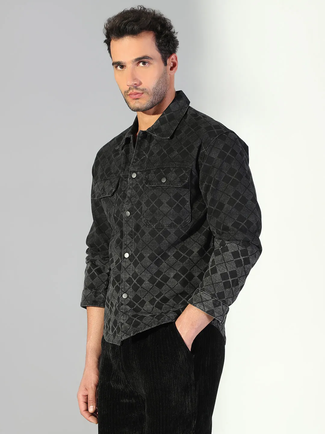 Casual Chic Look Men's Geometric Grey Shacket
