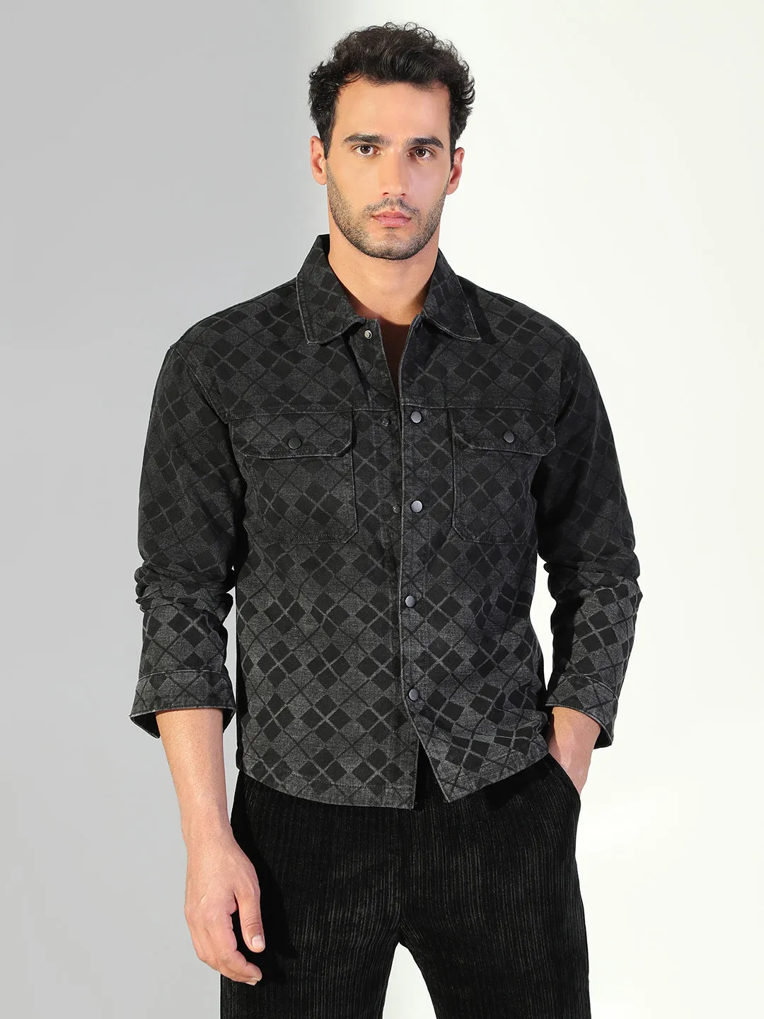 Soft Cotton Feel theater visit Men's Geometric Grey Shacket