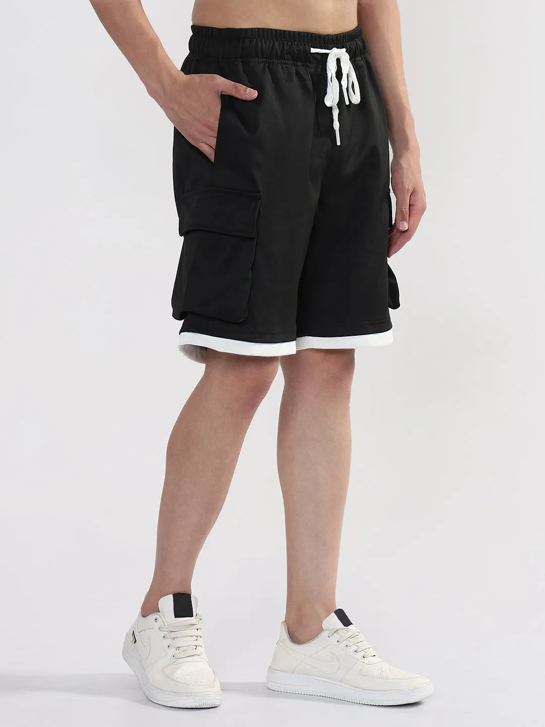 Men's Black Athleisure Relaxed Fit Shorts Fitness Look music event look