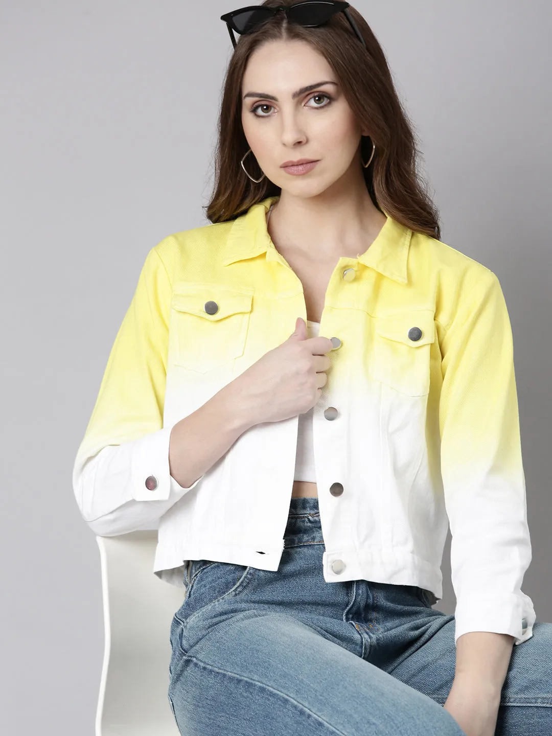 Glow In The Dark Trim Modern Street Women's Yellow Ombre Denim Jacket