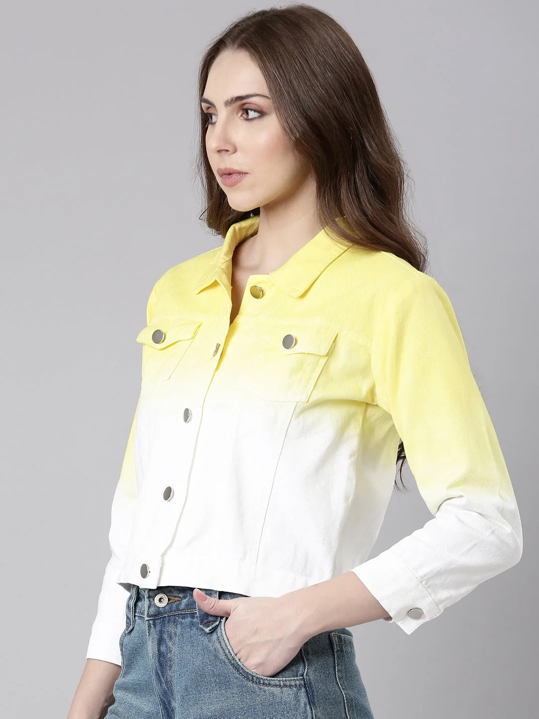 Women's Yellow Ombre Denim Jacket Zipper Closure System